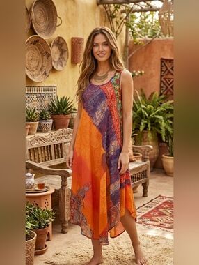 Sleeveless Asymmetrical Handkerchief Hem Midaxi Summer Dress - Boho Paisley